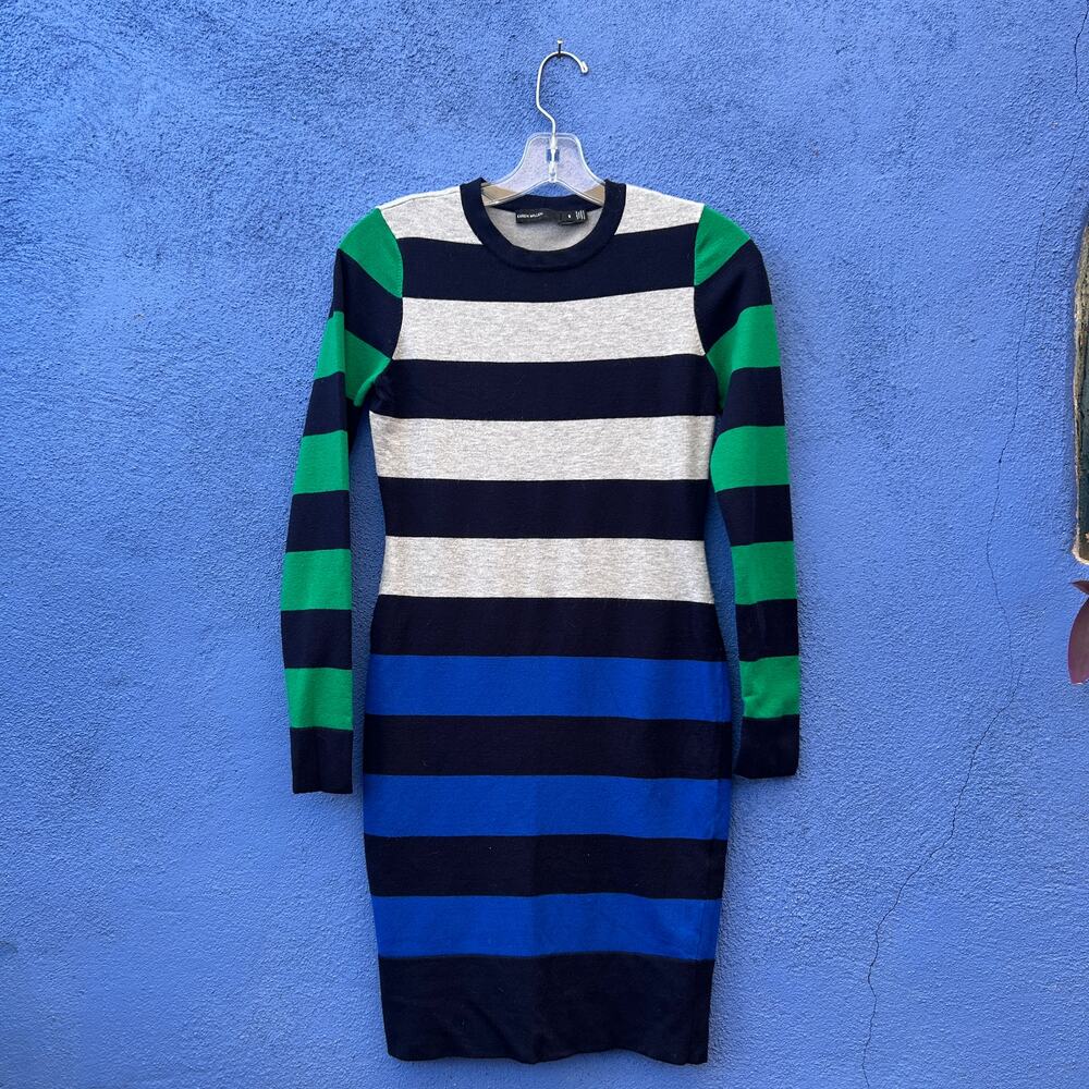 Karen Millen Long Sleeve Striped Knit Dress in Black, Blue, Green, and Cream